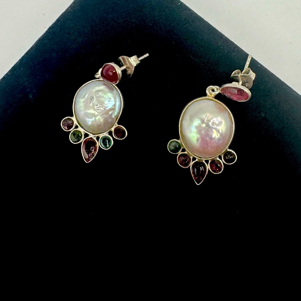 New Elegant pearl  & tourmaline sterling silver earrings